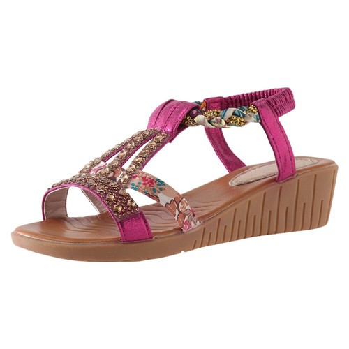Women Fashion Summer Wedge Open Toe Sandals Rhinestone Decor Slingback Sandals - Picture 15 of 20