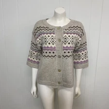 Sundance Cardigan Womens S Gray Fair Isle Angora Metallic Short Sleeve Sweater