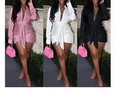 Womens Satin Deep V-Neck Tie-Up Dress