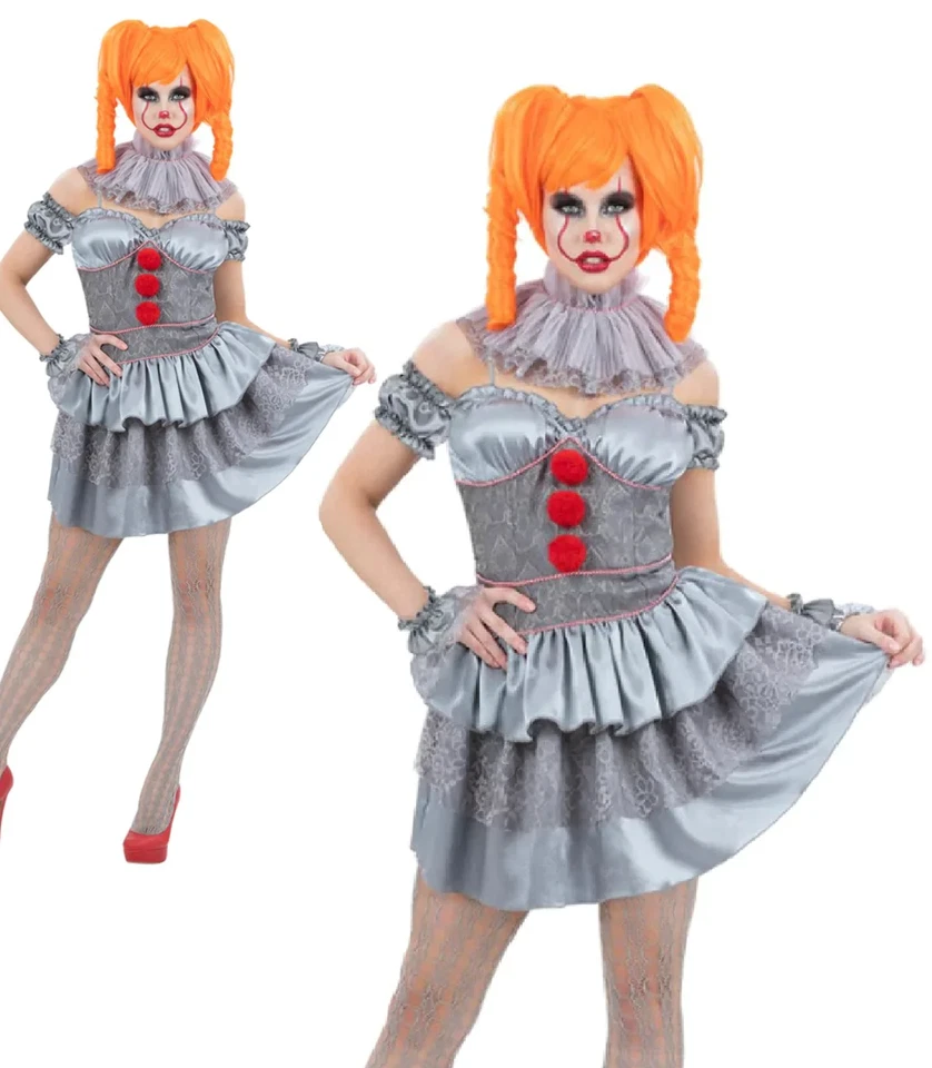 IT Kapitel 2 Pennywise Damen Kostüm Halloween Schickes Kleid Clown Grau - Bild 1 von 1