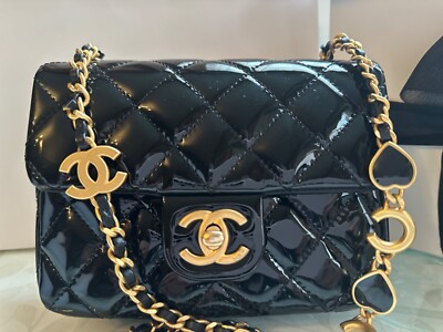 New 22K CHANEL Quilted Patent Leather Mini Flap Bag Gold COCO