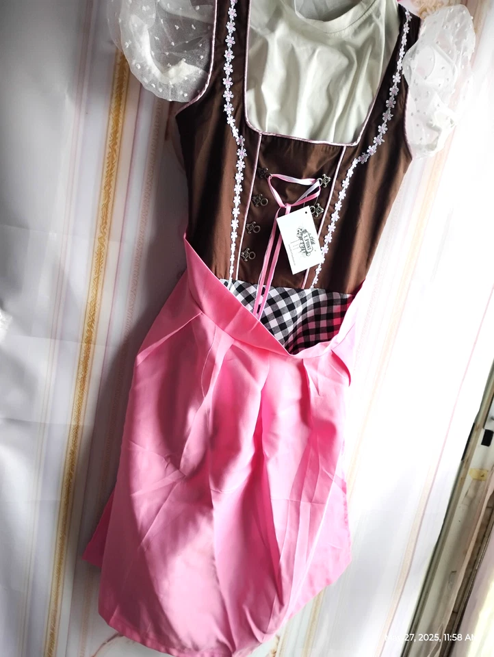 NOVO! Meninas, crianças EUA tamanho 12 Alemanha, Trachten, Oktoberfest, Dirndl, 3 peças. Marrom rosa - Imagem 3 de 4