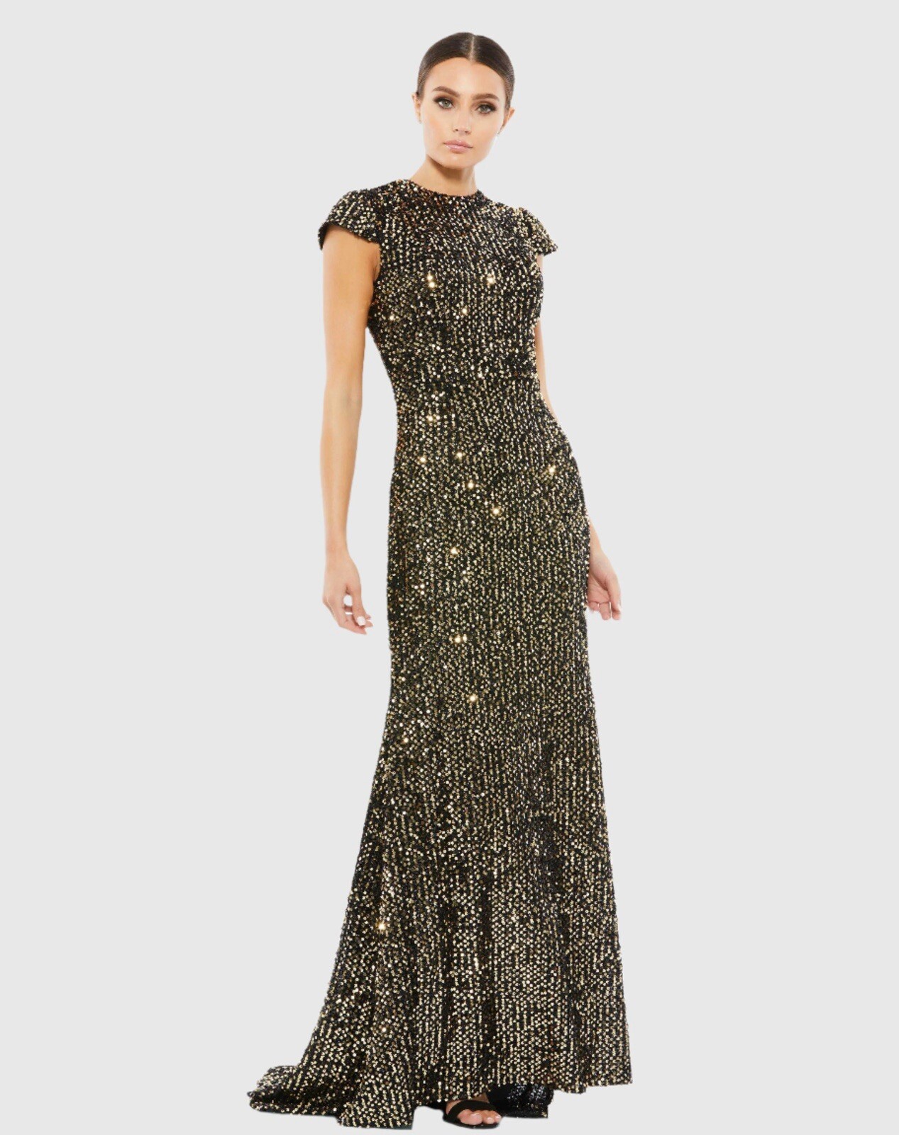 Mac Duggal 26647 Black Gold Sequined Cap Sleeve High Neck Gown Size 2 $398