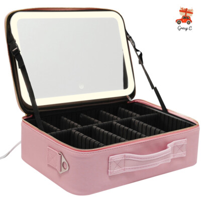 Portable Multifunction 3 Level LED Light Mirror Pink Train Makeup Case Large New