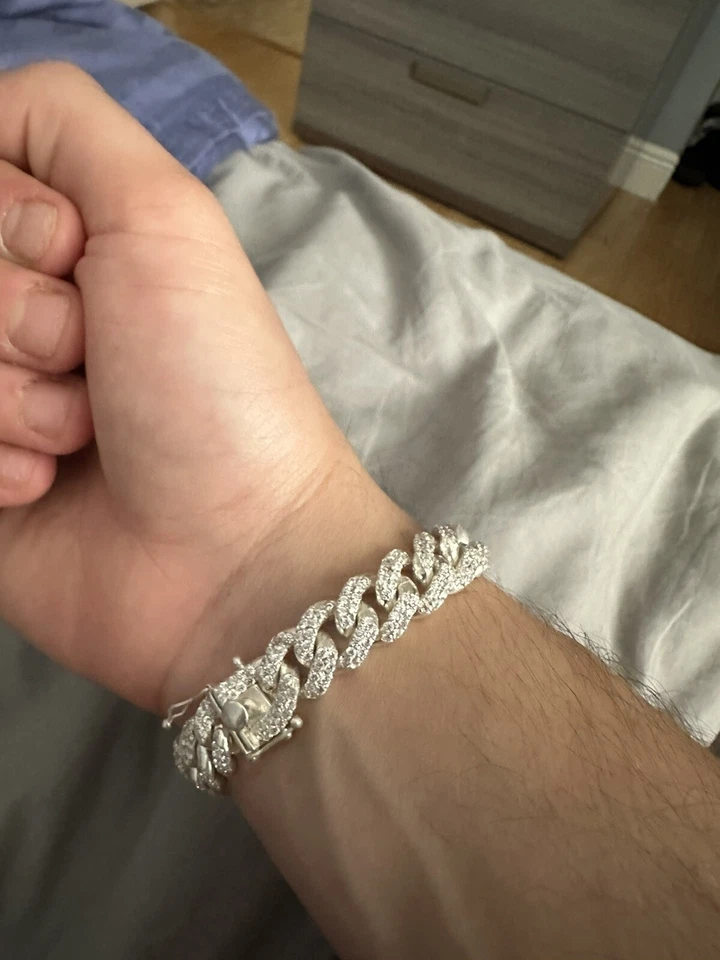 Brazalete de eslabones cubanos Miami de plata esterlina 925 maciza para hombre conjunto de piedras circonitas Foto 4 de 4