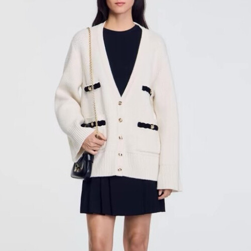 Women Sandro V-neck Contrasting Long Sleeve Knit Cardigan Top