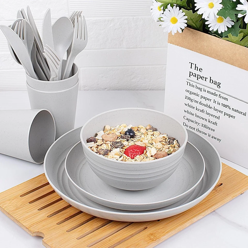 42-Piece Wheat Straw Dinnerware Set, Unbreakable Plates and Bowls, Grey - Image 4 of 4