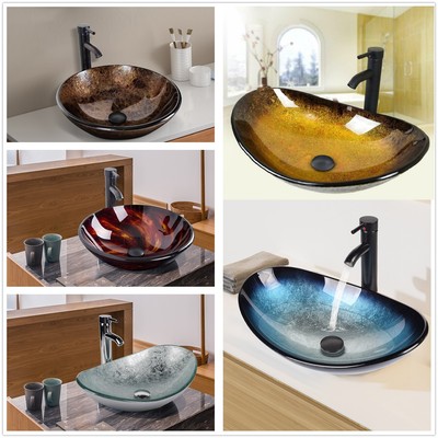 Waschbecken Aus Gehärtetem Glas – Blaue Aufsatzschale 34 Cm Mit Schwarzem Wasserhahn Set