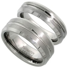 Tungsten His (8mm) & Her (6mm) Wedding Band Ring Set,Grooved Center Satin Finish