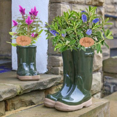 Personalised Green Welly Boot Planter Home Garden Flower Vase