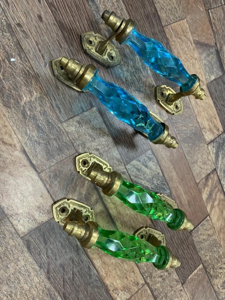 Manija de puerta de latón de vidrio verde y azul cortado cristal/cortado estilo antiguo de 5,5"" 4 piezas Foto 2 de 4