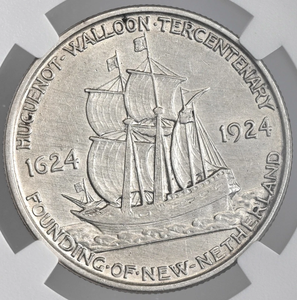 1924 50C HUGUENOT SILVER HALF DOLLAR NGC AU DETAILS HARSHLY CLEANED #8405243-023 - Image 3 of 4