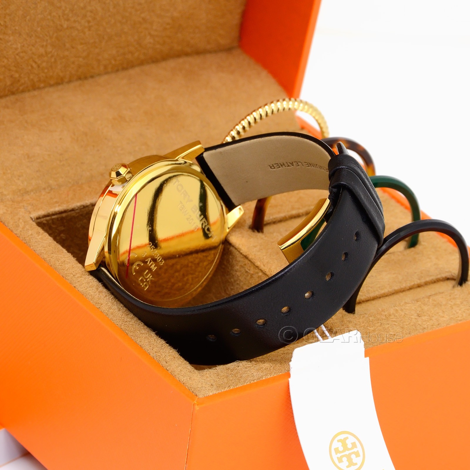 Tory Burch Gigi Womens Gold Watch Set, Interchangeable Bezel, Black Leather Band