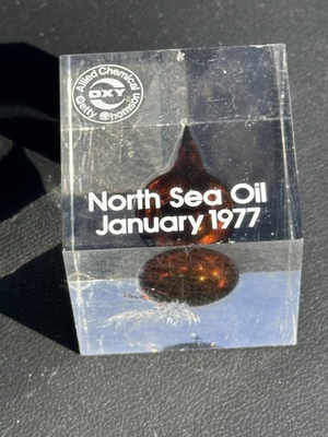 #ad OXY North Sea Oil Paperweight January 1977 Clear Lucite Oil Drop $100.00