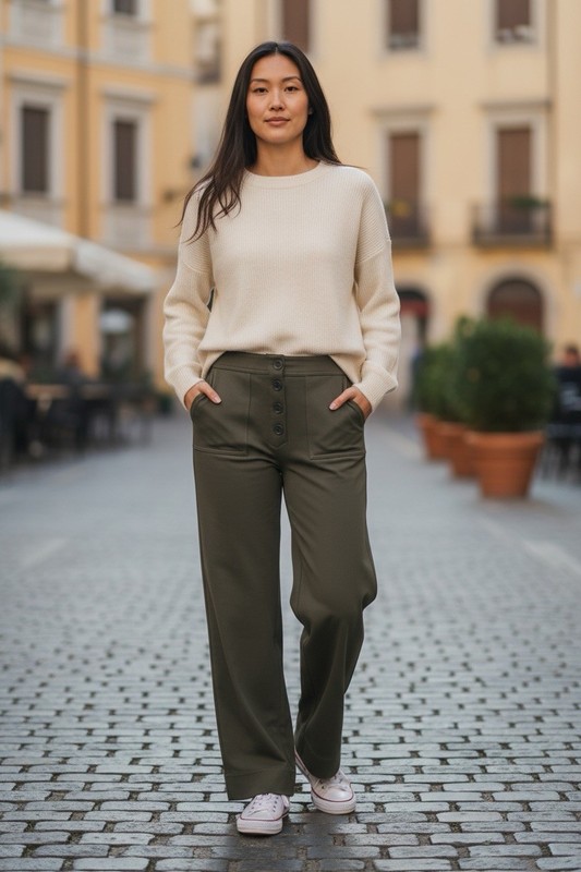 Halara M Petite Olive Green Wide Leg Pants Stretch NWT High Rise Button Front
