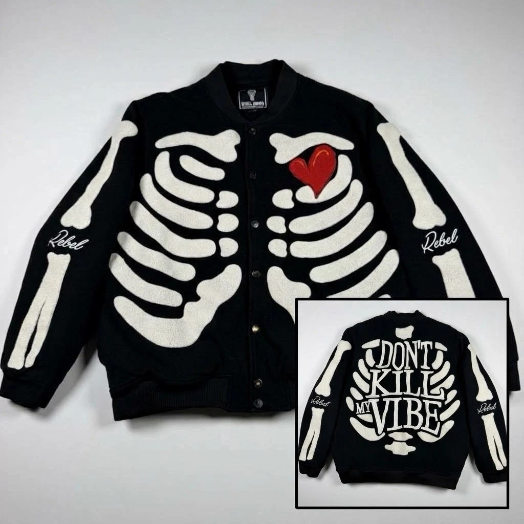 Rebel Minds Don't Kill My Vibe Skeleton Bones Melton Varsity Men Jacket XL - product detail image 1