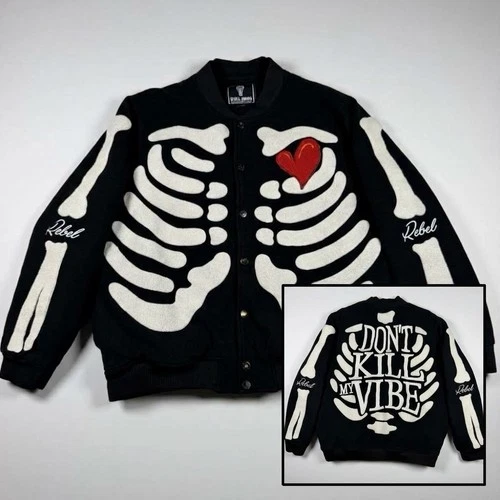 Rebel Minds Don't Kill My Vibe Skeleton Bones Melton Varsity Men Jacket XL - product listing photo
