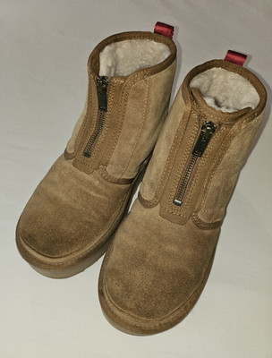 UGG Neume Platform Chestnut Suede Shearling lined Ankle Boot Front Zipper size8 
