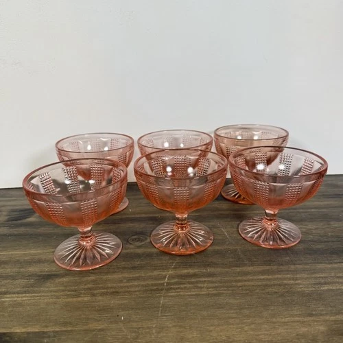 Set of 6 Vintage Pink Depression Glass Sherbet Cups Footed Compotes 3.75”