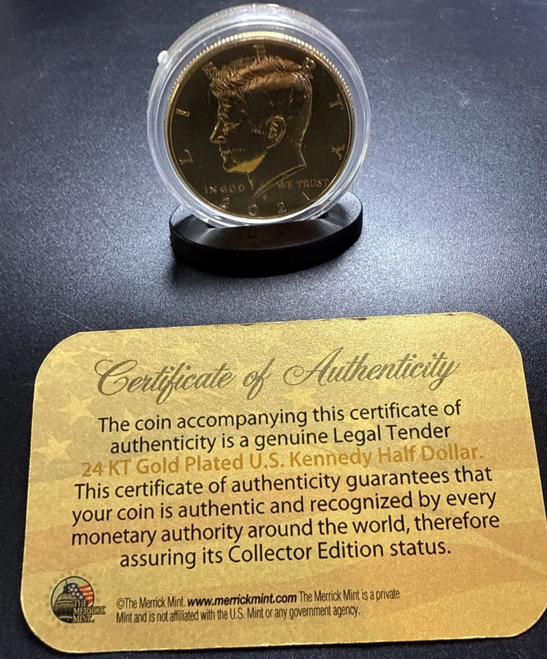 2021-P 24K GOLD Plated  JFK Kennedy Half Dollar Coin COA Capsule & Stand - Image 2 of 4