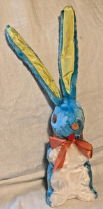 Large Vintage Blue Plush Easter Bunny Long Yellow Satin Ears and Bow 21"