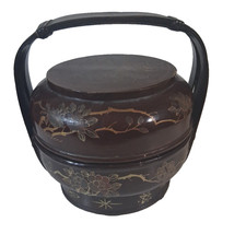Antique Chinese Wooden Wedding Food Basket Lacquer Flowers and Bird