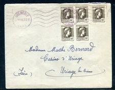 Marianne d'Alger 60c block of 4 + 1 on envelope from Grenoble for Uriage 1946