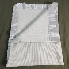 Starting Out Gray Waffle Weave Baby Blanket Silver Satin Trim 32x48