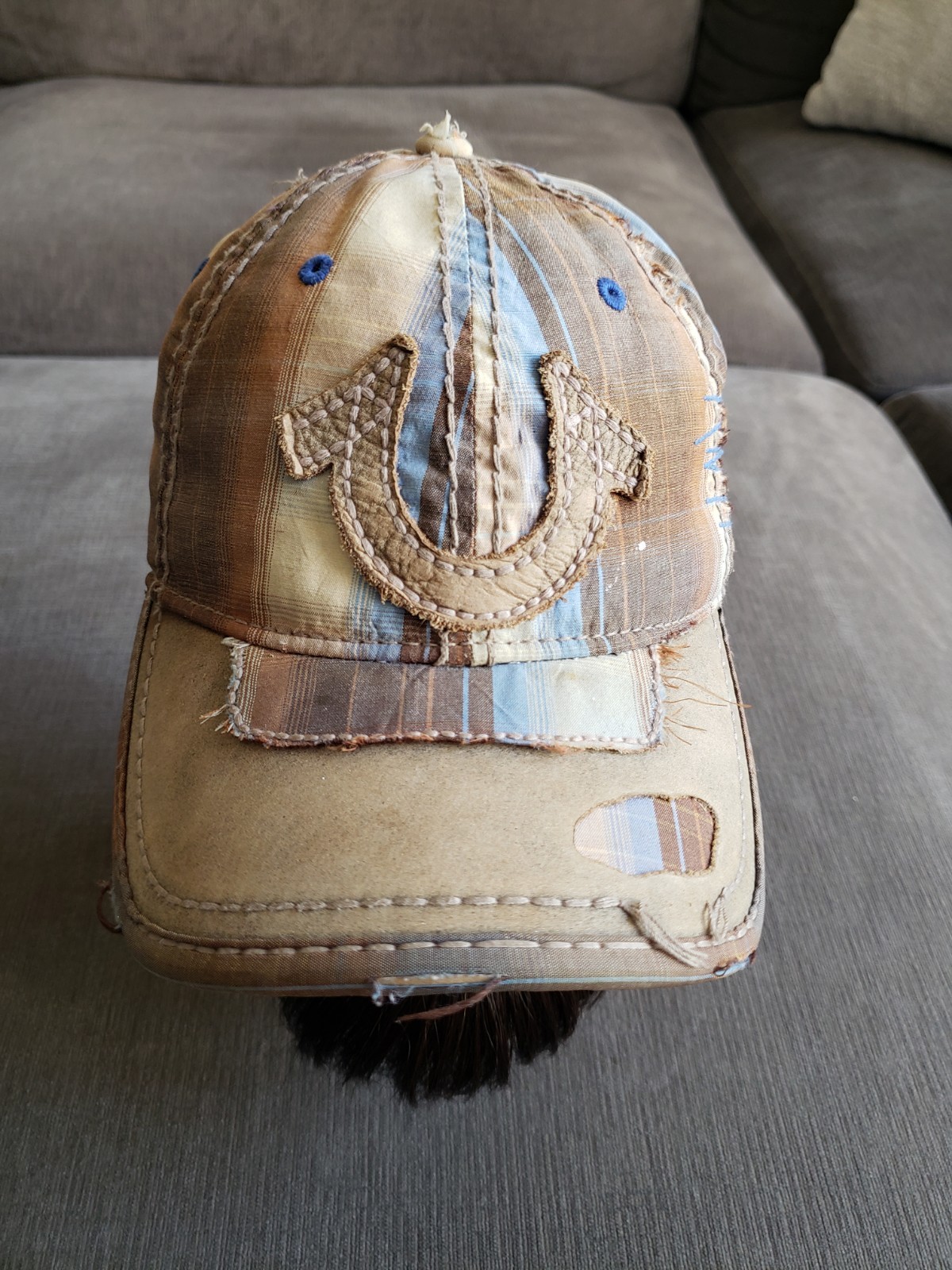 Vintage True Religion Distressed Plaid Patchwork Horseshoe Hat Classic Y2K RARE! image 2