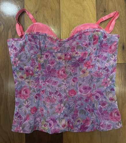 Victoria’s Secret Y2K Mesh Corset Top M Pink Purple Floral Bustier Zip EUC