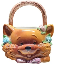Vtg Ceramic Basket with Handle Whimsical Fox Face 10" 80s Rustic Country Charm