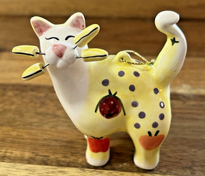 Lacombe Cat Retired 2002 YELLOW Mini Ornament 3”x 3” Ceramic Annaco