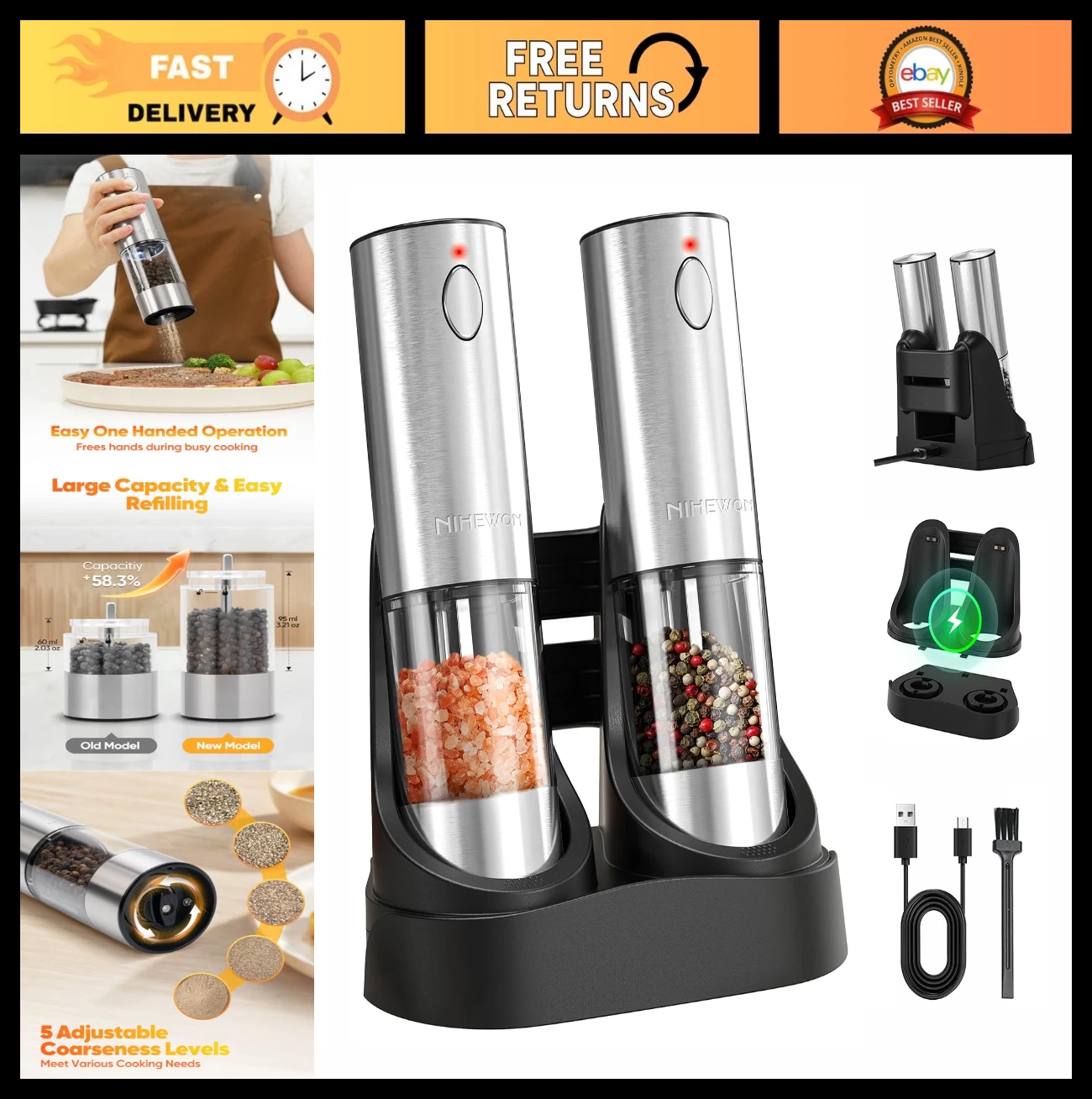 Rechargeable Electric Salt & Pepper Grinder Set with LED Light, Adjustable Coars