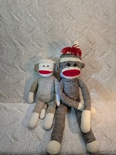 Sock Monkey Friends Stuffed Animal 14" Gray China and 19" Brown USA Lot of 2