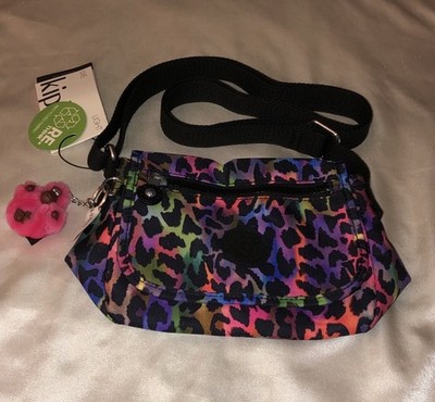 Kipling Sabian Nylon Crossbody Bag Rainbow Jungle Print + Monkey Key Chain NWT