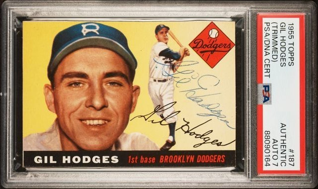 1955 Topps 187 Gil Hodges (Trimmed) Signed PSA Authentic Auto 7 - Total Pop 14