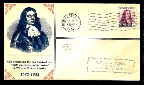 724 3c Stamp (1932) THE WILLIAM PENN FDC BY LINPRINT - ADAM K. BERT SIZE !!!