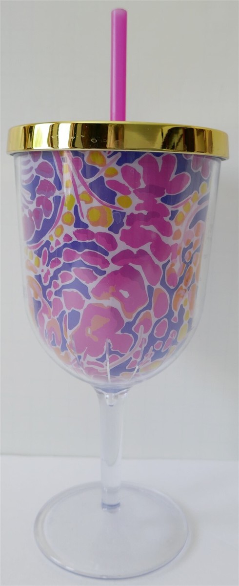 Lilly Pulitzer Catch & Release Stem Acrylic Wine Glass w/Gold Lid+Pink Straw