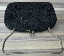 Flower Beaded Pattern Vintage Kiss Clasp Black Clutch Purse With Hand Strap
