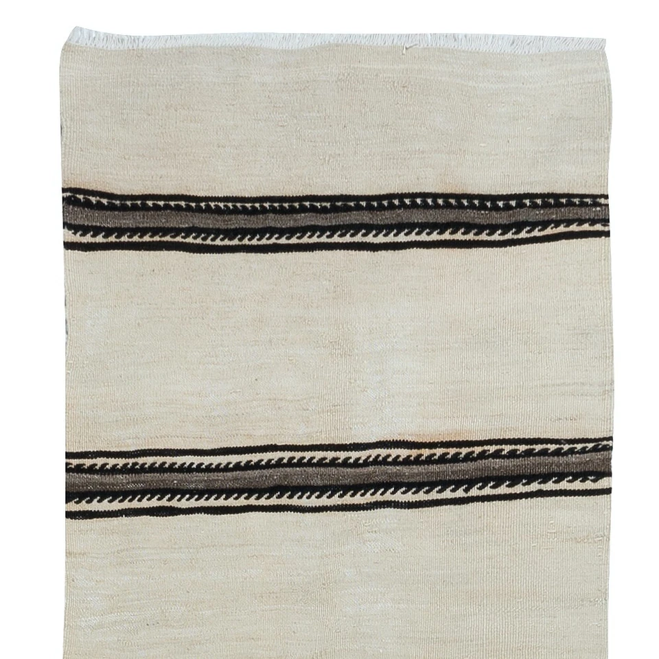2.2x17.6 Ft Handmade Cream Narrow & Long Runner Kilim with Black & Gray Stripes - Image 4 of 4
