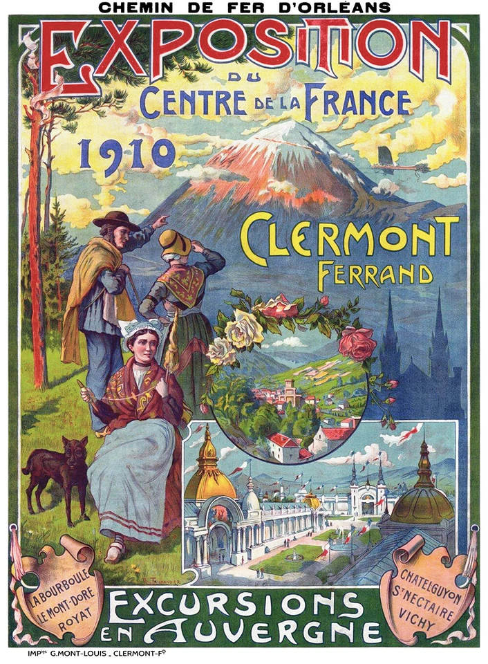 MESIDÉESDECADEAUX Affiche chemin de fer Orléans - Expo centre de la France Clermont-Ferrand 1910