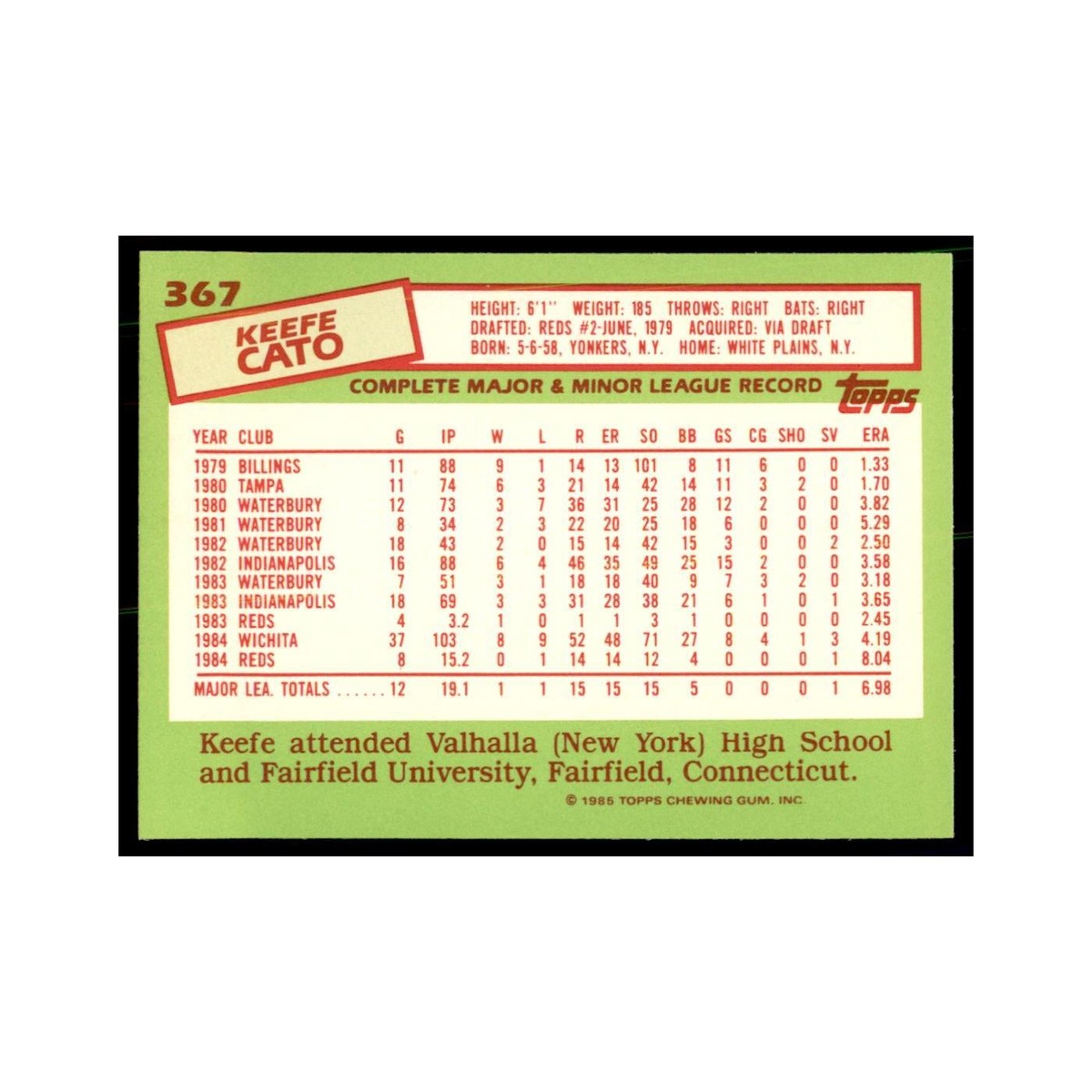 Keefe Cato 1985 Topps Tiffany #367 Baseball Cards Baseball Card NM