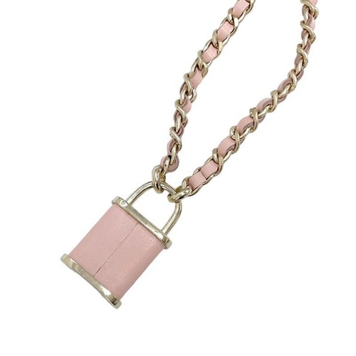 CHANEL Necklace Pendant Choker Pink Gold Coco Mark Padlock Double Chain Leather - Picture 5 of 9