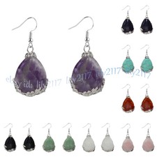 Tibet 925 Silver Teardrop Jade Gemstone Flowers Dangle Hook Earrings Jewelry