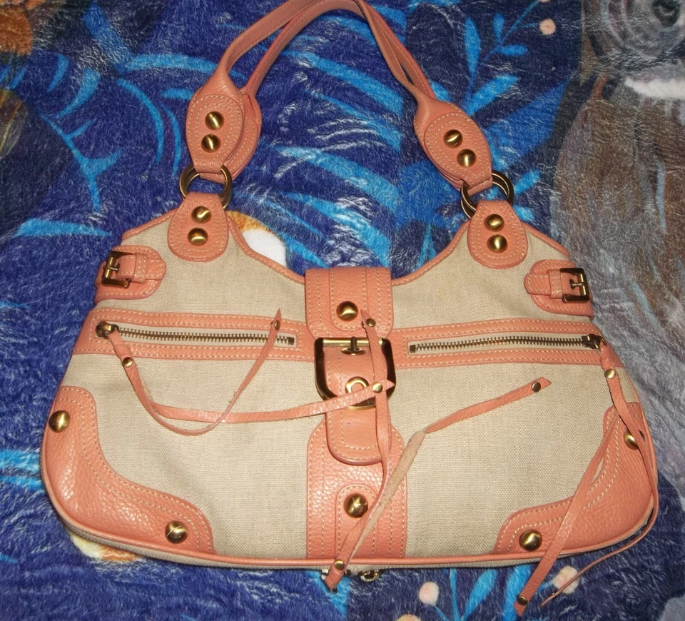 Rafe New York Linen & Leather Handbag Large Hobo Tan Coral Expandable  - Image 2 of 4
