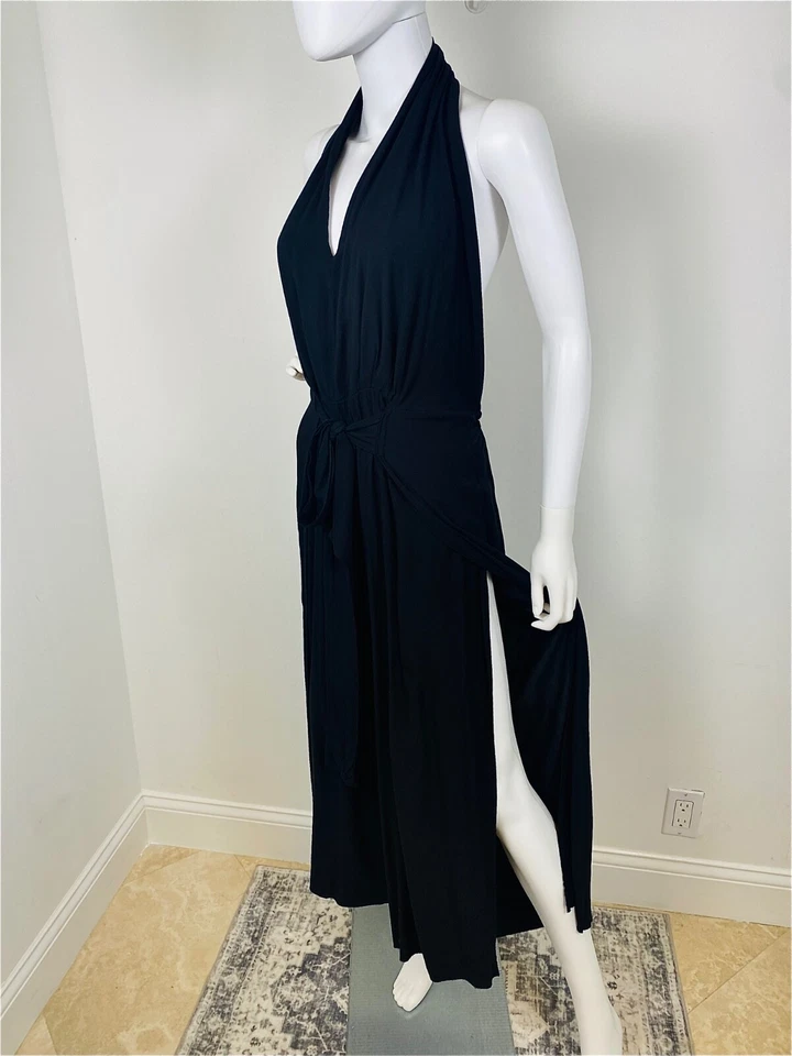 MONO HALTER NEGRO CUELLO EN V CON CINTURA ELÁSTICA Y CON CINTURÓN. TALLA:S/M Foto 3 de 4