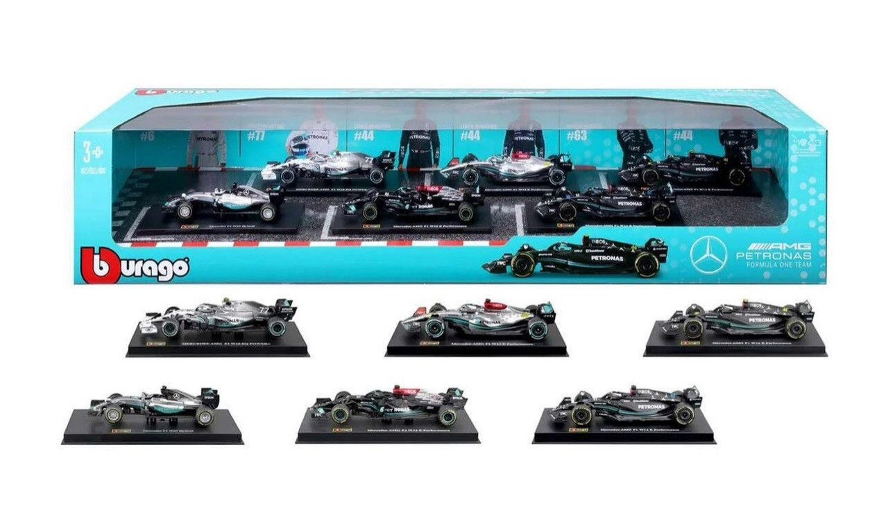 Burago 1:43 Mercedes AMG Petronas F1 Formula 1 Scale DieCast Metal X6 Set 2024