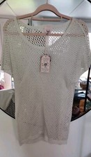 Lux Knitwear Fine Knit Jumper Size M Metalic Mesh Sheer Silver/white Beachy