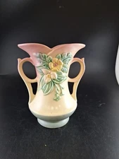 Hull Pottery Double Handled Vase Wildflower Trillium Pink Blue 7.5" Vtg