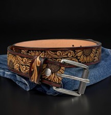 Full Grain Leather Hand Tooled Western Belt Cowboy Rodeo Beaded Removable Buckle